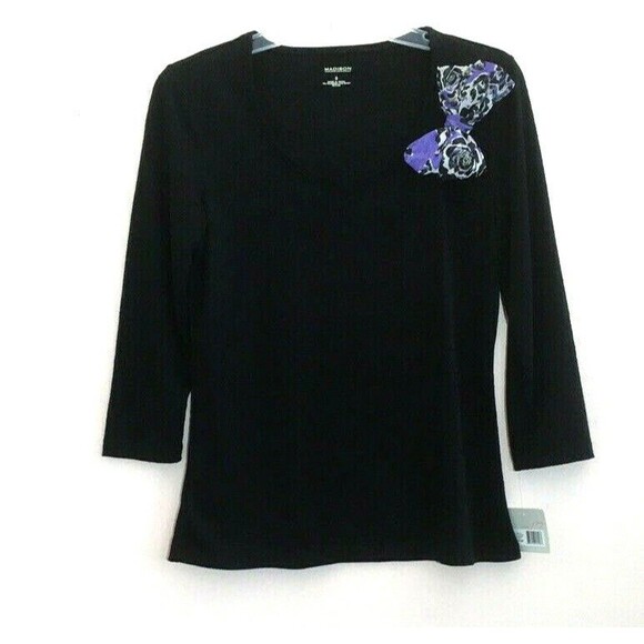 MADISON sz S Solid Black Travel Stretch Smooth Knit Top w/ detachable Bow - Picture 2 of 7